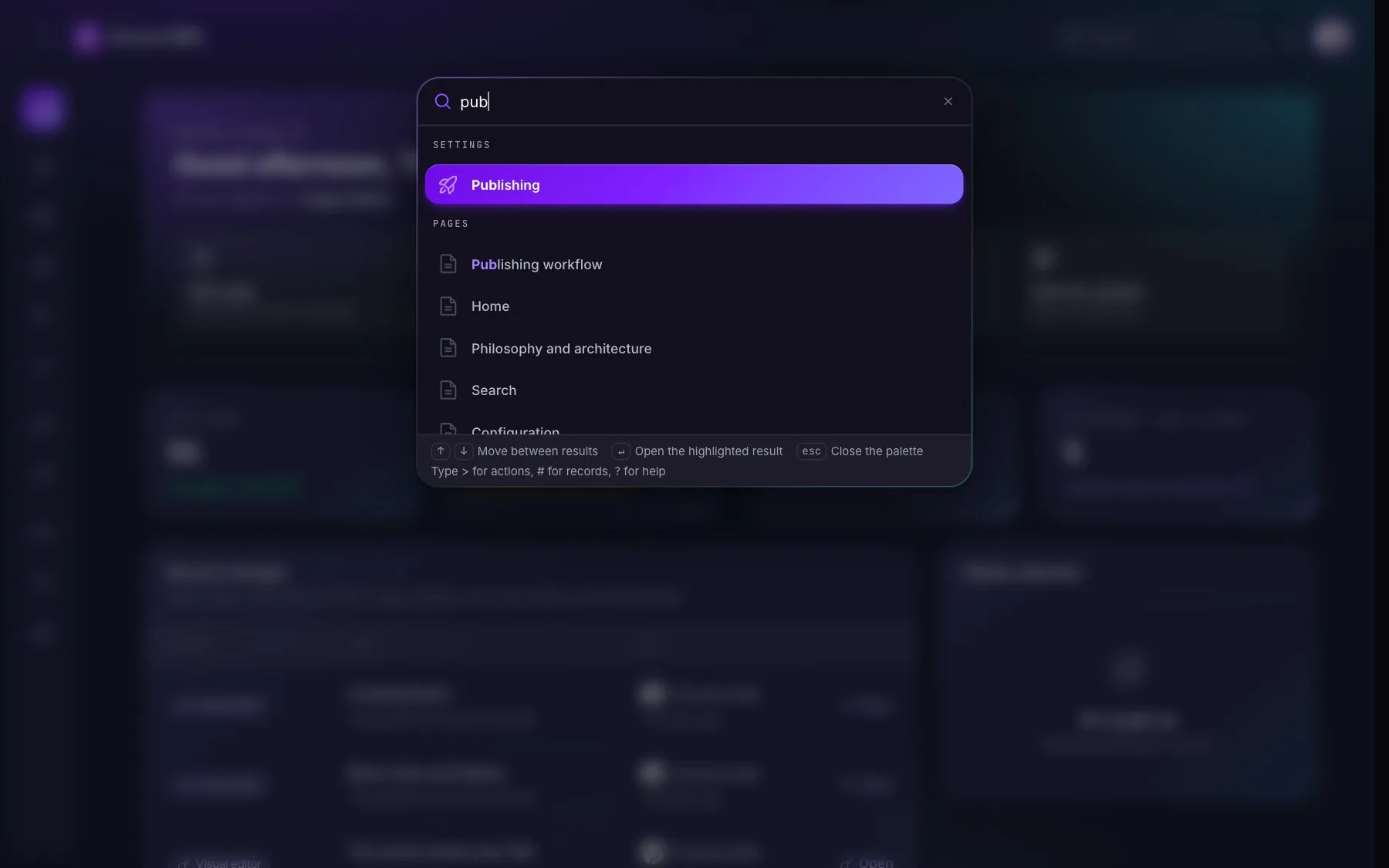 The command palette open over the admin, listing actions, screens and pages to jump to
