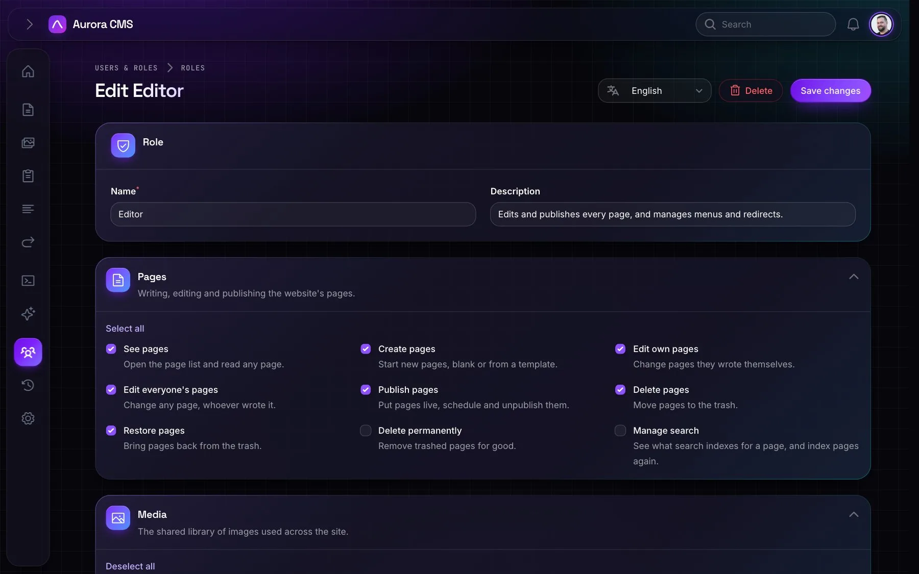 A role's permissions in plain language, grouped by pages, media, forms, menus and more