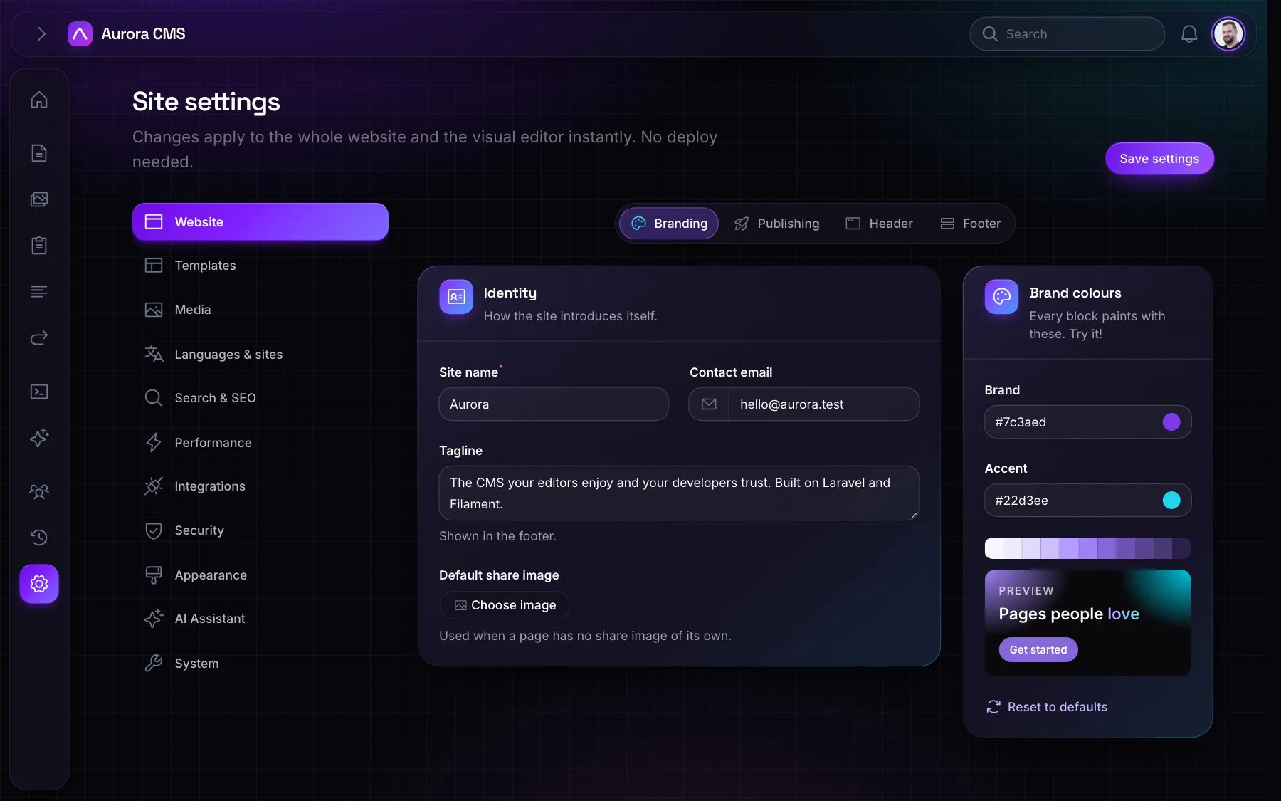 Site settings in Aurora: the site name, contact address, tagline and brand colours with a live preview