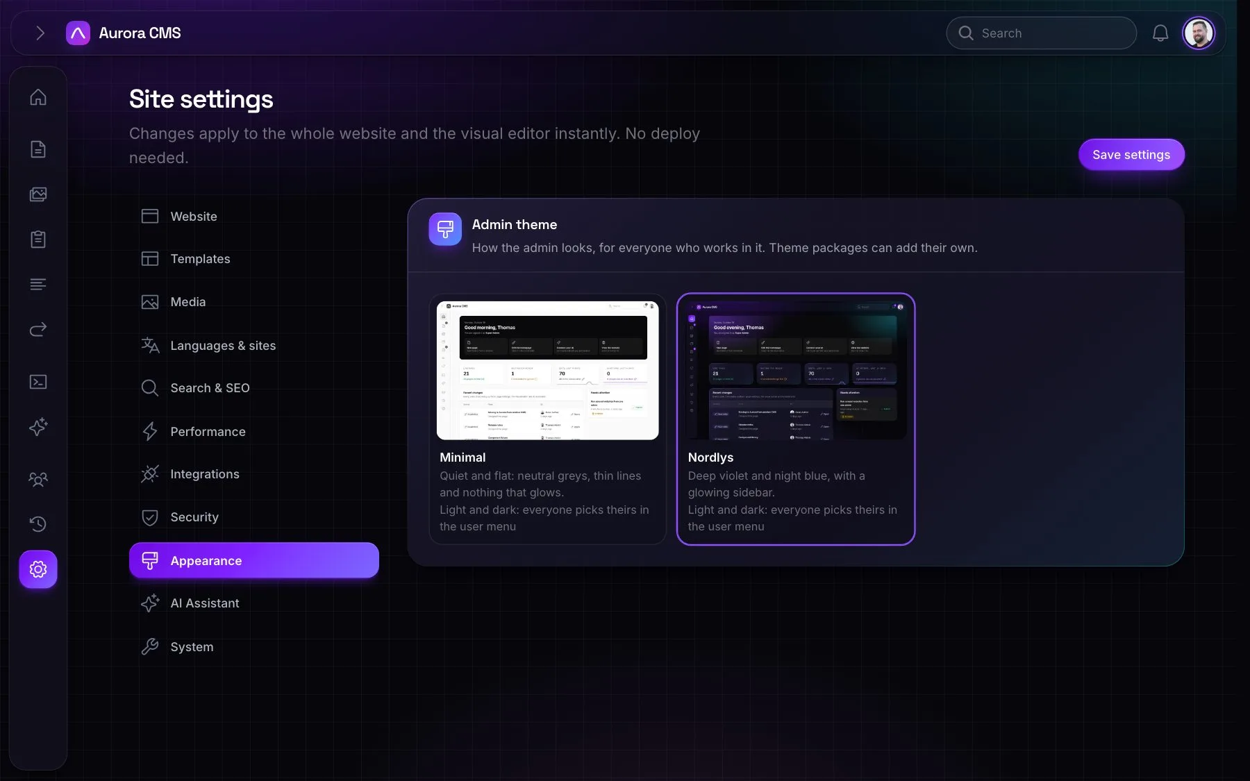 Appearance settings: the admin themes to choose from, each with a picture